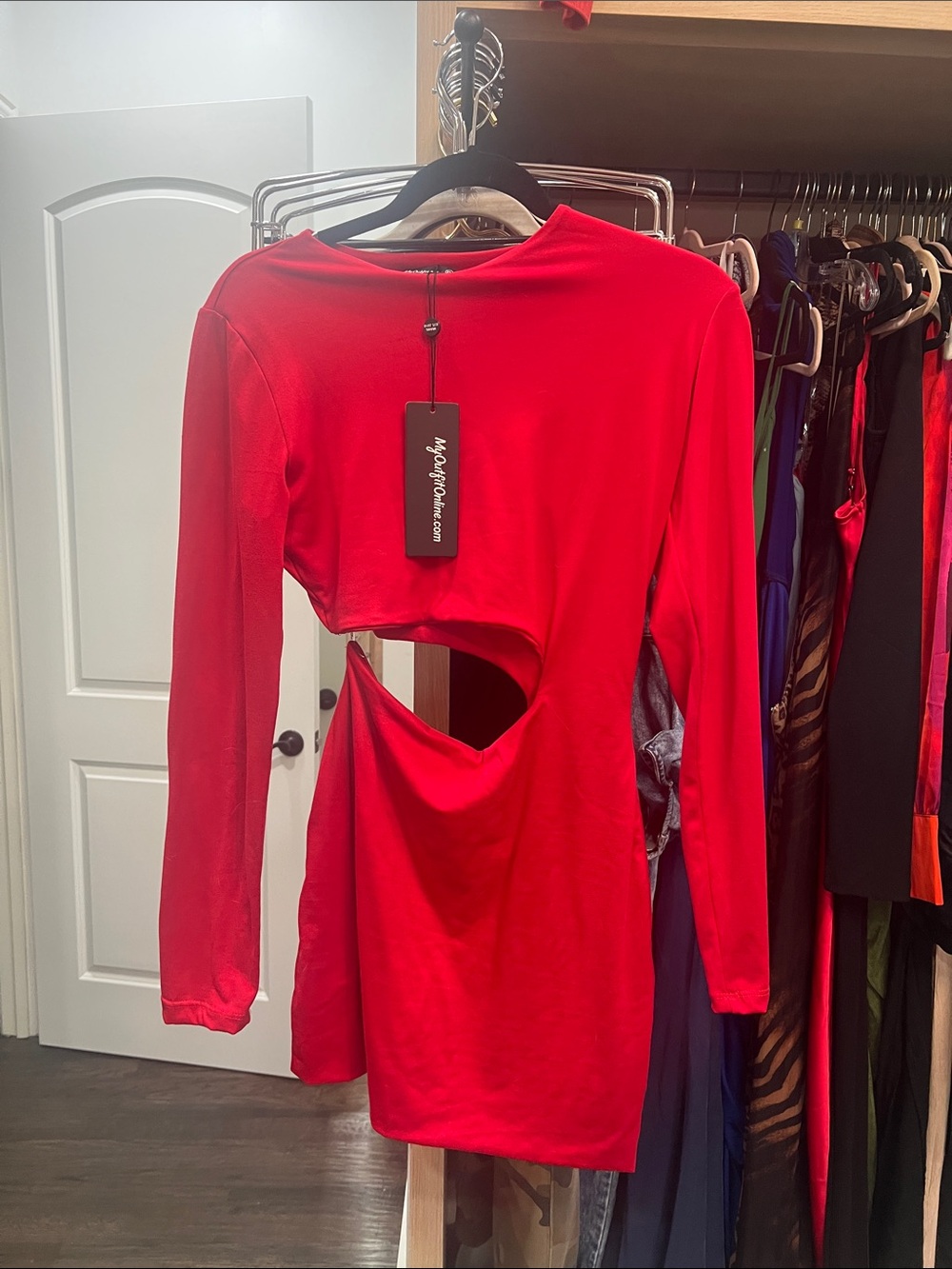 Asymmetric Cutout Red Long-Sleeve Mini Dress - brandunknown.com